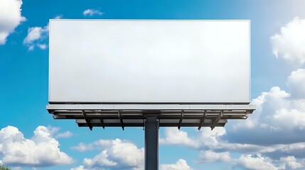 Empty white billboard against blue sky with fluffy white clouds, metal construction frame and pole, mockup for outdoor advertising display.