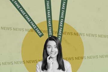 Zine full artwork pop collage of happy puzzled girl listen fake news propaganda fishing spam...