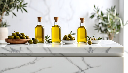 Three Bottles of Olive Oil with Green Olives on Marble Countertop