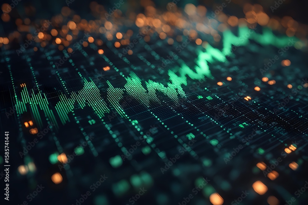 Poster digital financial graph with glowing green line chart on dark background with orange bokeh lights sh