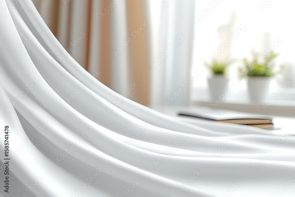 Poster soft white fabric with elegant folds and gentle curves creates luxurious textile background. natural