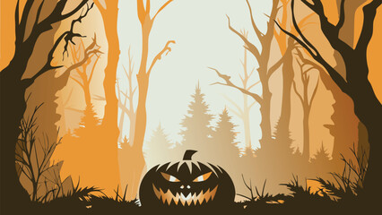Silhouette of a spooky halloween pumpkin in a forest with bare trees and a foggy orange background