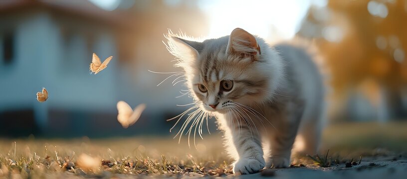 Fluffy gray kitten walking outdoors in autumn sunlight with glowing butterflies flying around, magical golden hour atmosphere creates dreamy pet photography scene. - Powered by Adobe