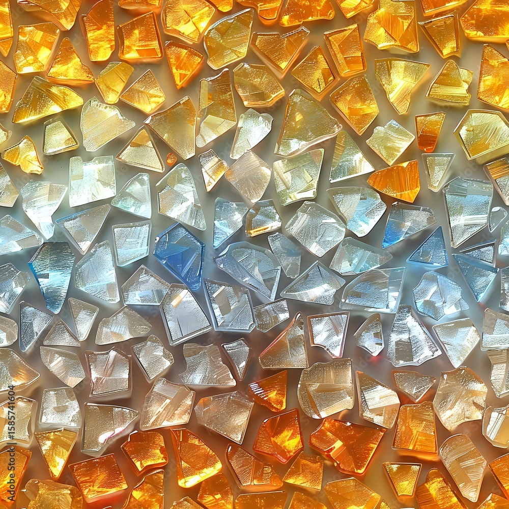 Poster shimmering crystal fragments arranged in gradient pattern from amber gold to icy blue, creating abst