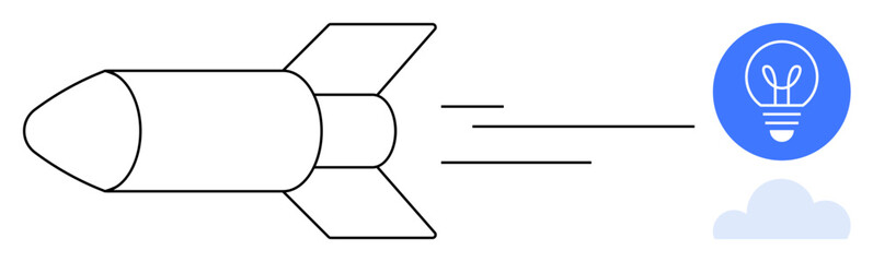 Rocket moving quickly toward a glowing light bulb signifying innovation and ideas, accompanied by a cloud silhouette. Ideal for innovation, creativity, technology, progress, brainstorming