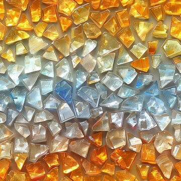 Shimmering crystal fragments arranged in gradient pattern from amber gold to icy blue, creating abstract mosaic background with translucent geometric shapes.
