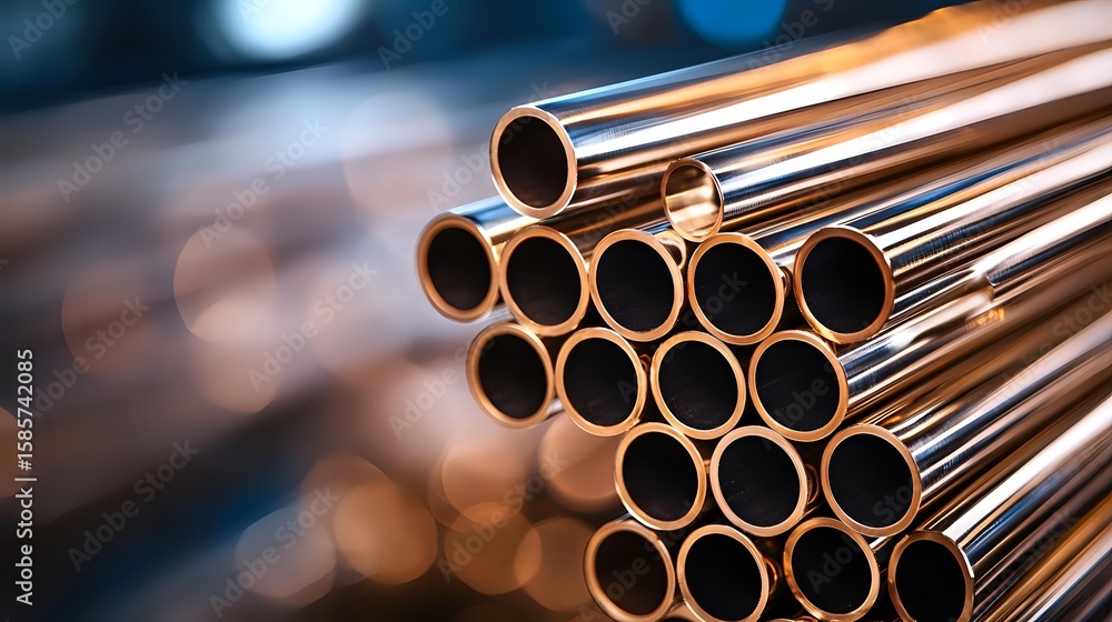 Poster shiny copper pipes or tubes stacked in rows with circular ends visible, creating industrial pattern 