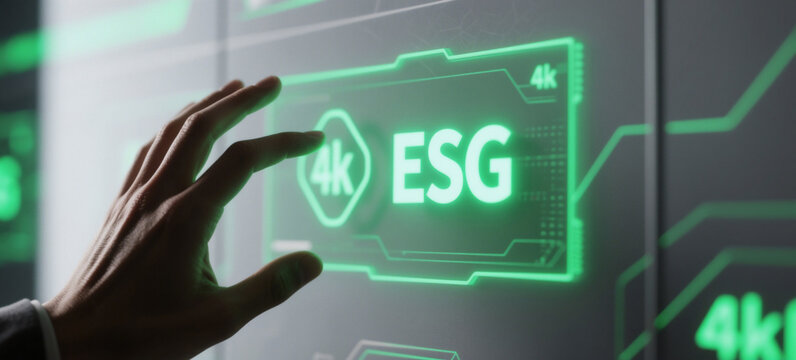 ESG Investing: A Hand Interacts with a Futuristic Green ESG Interface