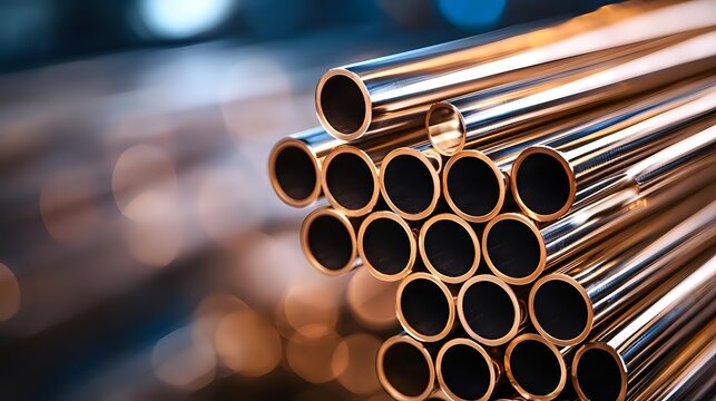 Shiny copper pipes or tubes stacked in rows with circular ends visible, creating industrial pattern against blurred bokeh background. Metal manufacturing concept.
