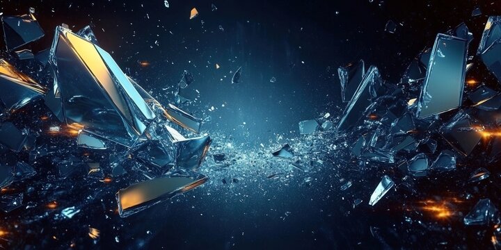 Exploding glass artwork against a cool, dark blue background creating a dramatic abstract visual.