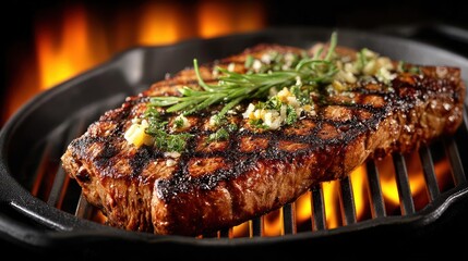Delicious grilled steak with herbs, cooking over flames.