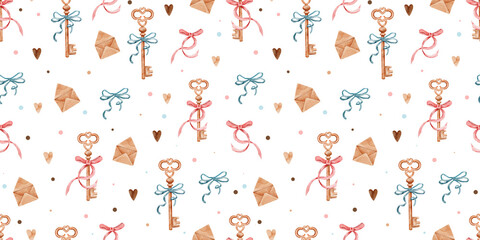 Seamless Pattern with Romantic Keys, Ribbons, and Envelopes