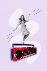 Picture abstract collage of person dance stand boom box on purple color background