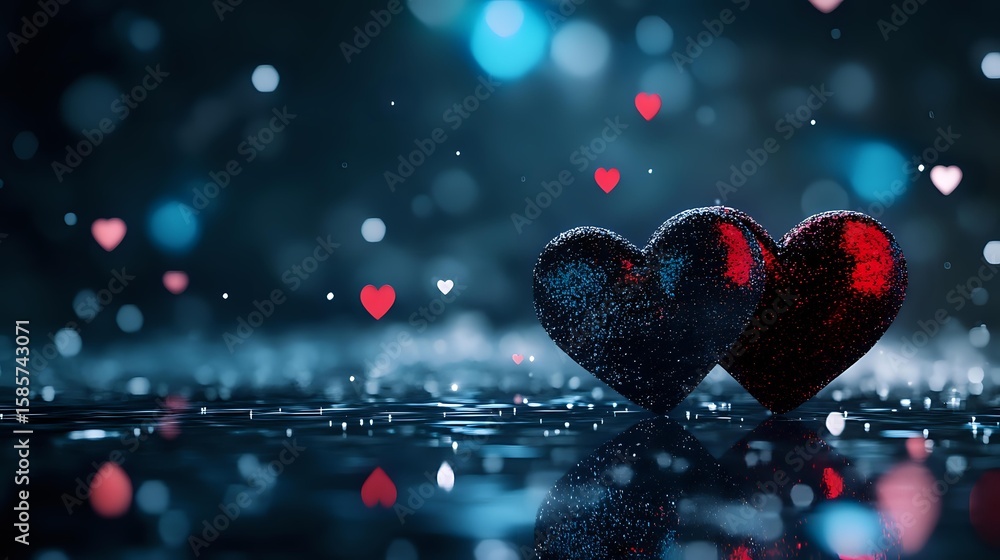 Poster red and black heart shapes on wet reflective surface with bokeh lights and floating heart silhouette