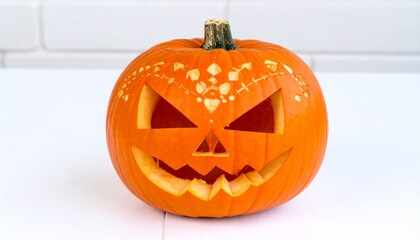 A carved pumpkin jack-o'-lantern with triangular eyes and jagged teeth—set against a white backdrop—symbolizing playful fright, festive tradition, and the expressive face of seasonal imagination