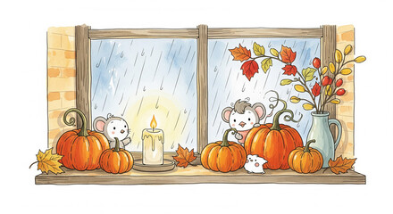 Thanksgiving Window Sill with a Rainy View with child's book style