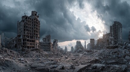 High-quality photo of post apocalypse after war or earthquake, apocalyptic destroyed city.