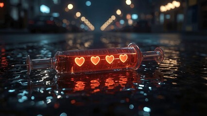 An injection on road, love, peace and harmony as impule heart icons in rainy city street at night with colorful neon lights reflection on wet asphalt. AI generated