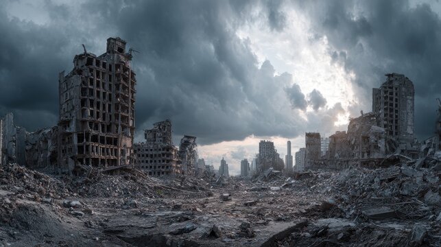 Fototapeta High-quality photo of post apocalypse after war or earthquake, apocalyptic destroyed city.