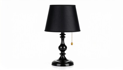 Obraz premium A black table lamp with a glossy base, matching black shade, and a dangling yellow bead on its pull chain—symbolizing domestic contrast, curated function, and the quiet interplay of light waiting to e
