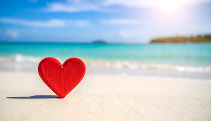 Fototapeta premium Red Heart on Sandy Beach with Turquoise Ocean