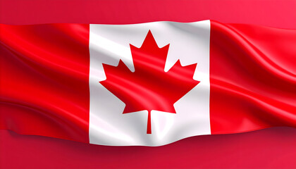 Waving Canadian Flag on Red Background