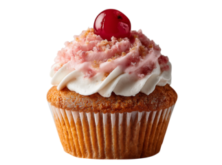 Delicious cupcake topped with cherry and swirled frosting, Isolated On White, Transparent Background, Png