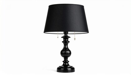 A black table lamp with a glossy base, matching black shade, and a dangling yellow bead on its pull chain&mdash;symbolizing domestic contrast, curated function, and the quiet interplay of light waiting to e