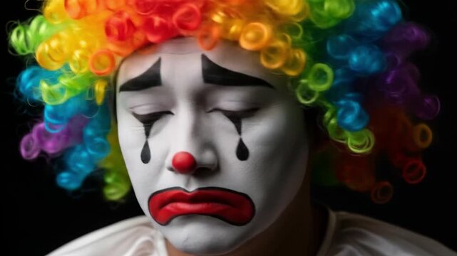 Sad mime in rainbow wig evokes silent grief, suitable for dramatic themes, mental health concepts, and expressive visual content creation.