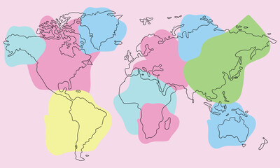 Hand drawn world map illustration, colorful vector of world map line art, doodles for poster, travel, print, business, vector illustration of global map.