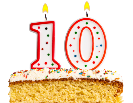  - Number 10 Festive Candle with Polka Dots and Flame, Sitting on Frosted Cake Slice, Isolated PNG