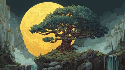 Pixelated tree on rocky cliff, beneath a giant full moon, landscape background