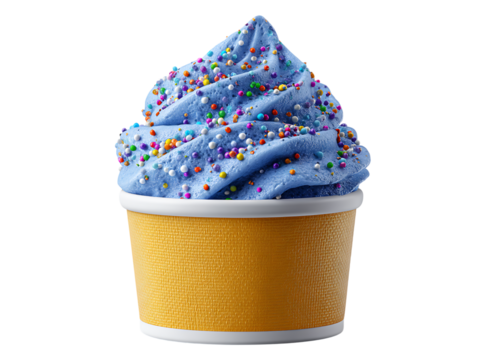 Delicious blue ice cream with rainbow sprinkles in a yellow cup, Isolated On White, Transparent Background, Png