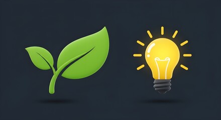 Flat 3D logo with green leaf wrapping around a glowing yellow lightbulb,
