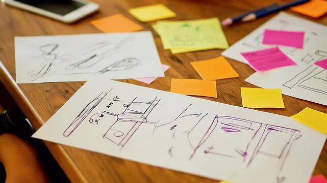 Person sketching on paper surrounded by colorful notes on a wooden table