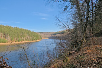 Deep blue lake of Eupen, with beach and pine forest. Artificial lake for drinking water supply. with mixed forest around. Liege, Belgium
