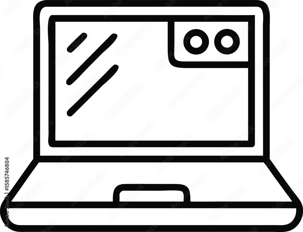 Poster minimal laptop line art with reflective screen and camera for website or app design