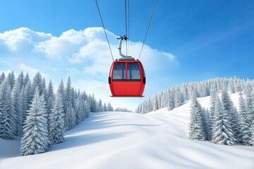 Bright red ski gondola ascends over a snowy mountain landscape