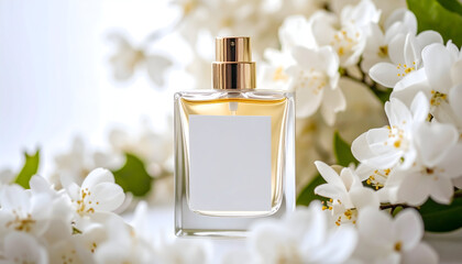 Square Glass Perfume Bottle with Blank Label Surrounded by White Jasmine Blossoms