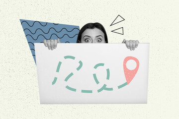 Trendy poster art photo collage of happy girl peek placard map geolocation icon route summer travel...