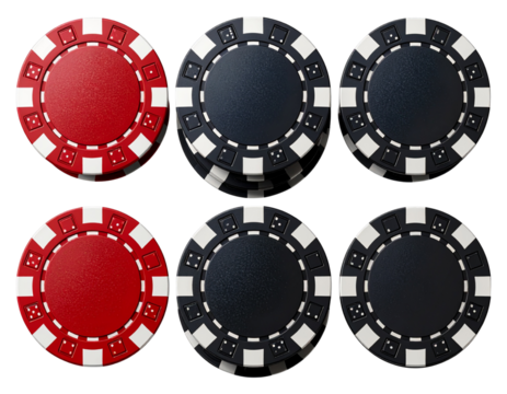 Top-Down View of Mixed Poker Chip Stacks – Red and Black Color Scheme – Transparent PNG