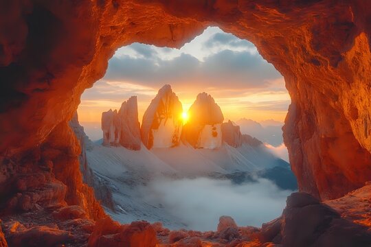 Dramatic sunrise view through natural rock arch window overlooking misty mountain peaks with golden sunburst and clouds in Dolomites during winter season.