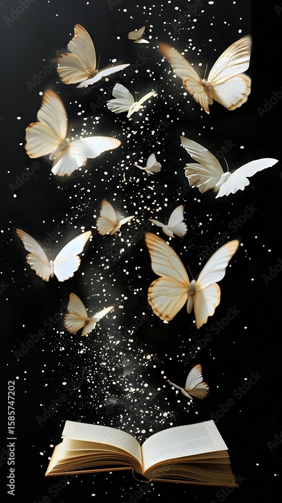 Poster magical open book with glowing white butterflies flying from pages against black background, sparkle