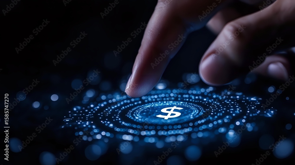 Poster futuristic digital currency symbol glowing in dark space with finger touching holographic interface,