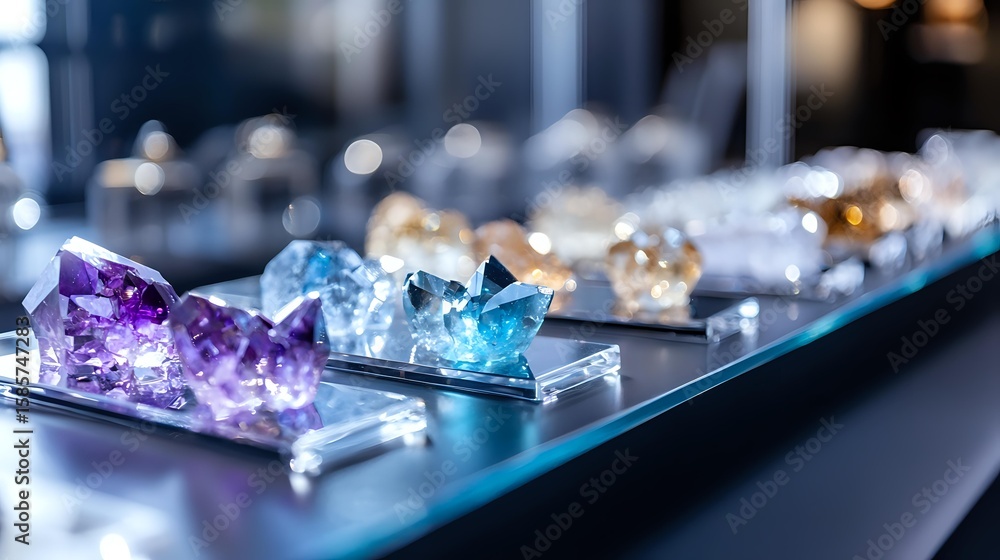 Poster raw amethyst and blue topaz crystal clusters on dark display shelf with soft bokeh background, showc