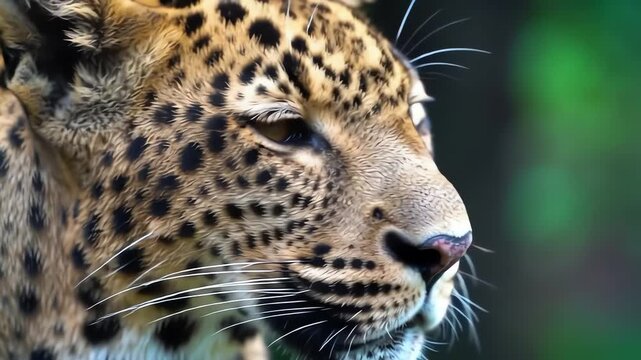 Majestic leopard close up portrait with an intense gaze in a lush jungle environment