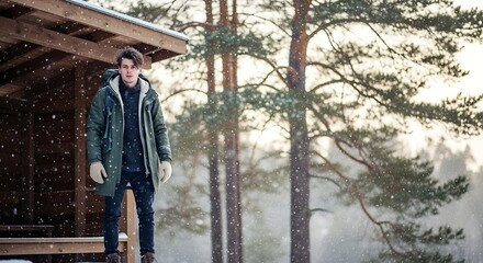 Fototapeta premium Backpacker Hiding from Snow at Makeshift Bus Stop