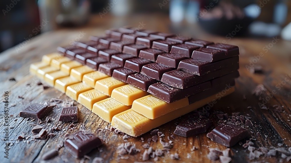 Poster dark and white chocolate bars arranged in alternating rows on rustic wooden surface with chocolate c