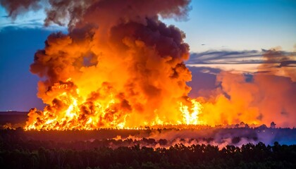Fototapeta premium Massive forest fire at dusk