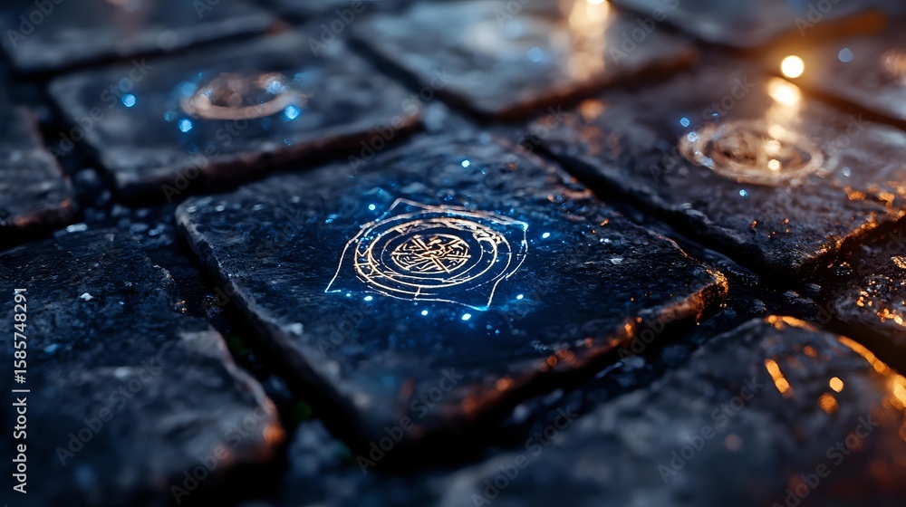 Poster glowing keyboard keys in dark atmosphere with water drops and dramatic lighting effects create moody